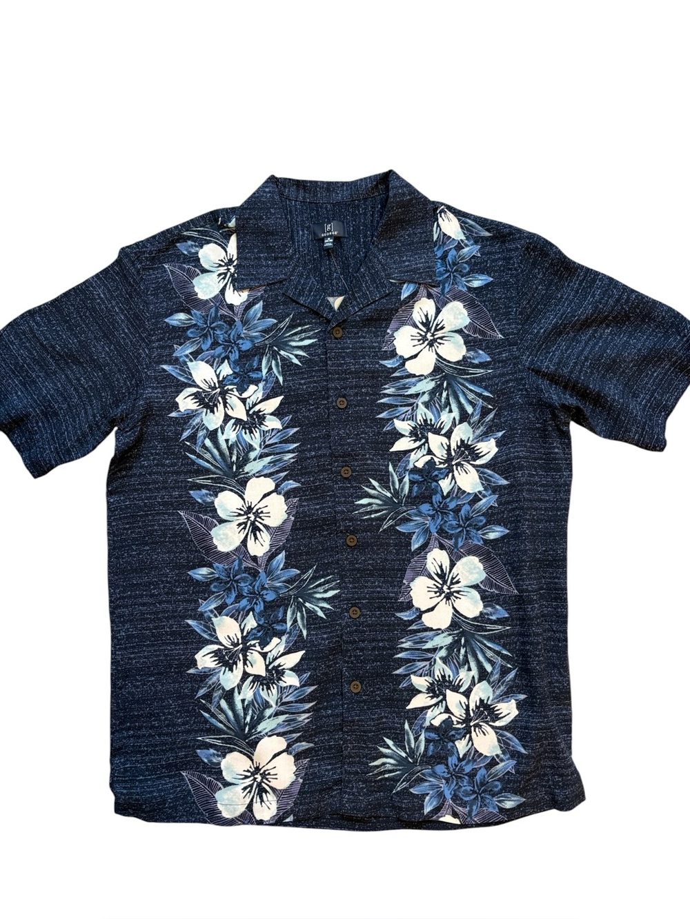 George Men’s Button Down Hawaiian Shirt Short Sleeve Tropical Navy Size M New